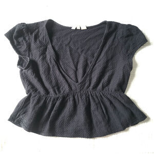 Roxy Womens Small Black Crop Top Flowy V Neck Knit Boho Surfer Babydoll Blouse